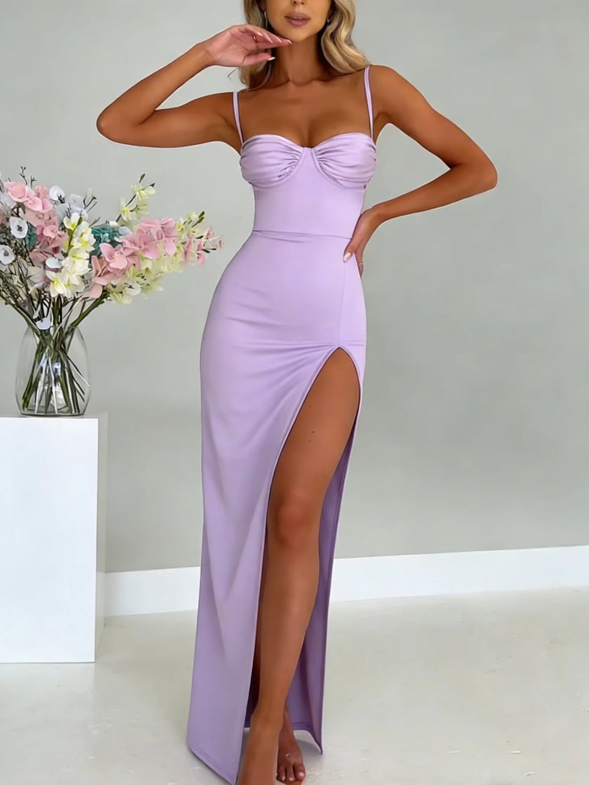 Lilac satin sweetheart neckline fitted dress with spaghetti straps and high side slit
