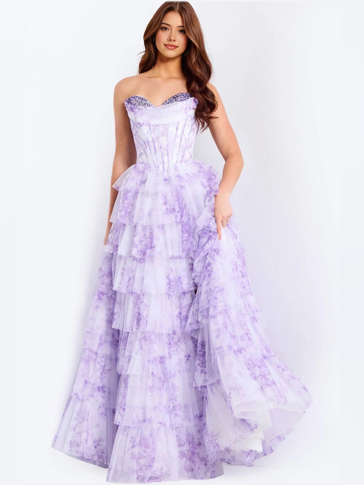 Lilac sweetheart corset A-line tulle prom dress with tiered ruffles, full front