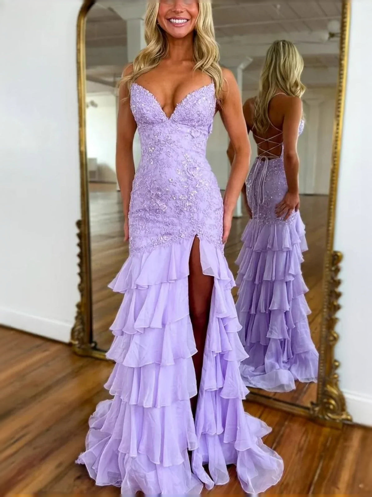 Lilac sequined strapless mermaid prom dress with layered ruffled hem and center slit
