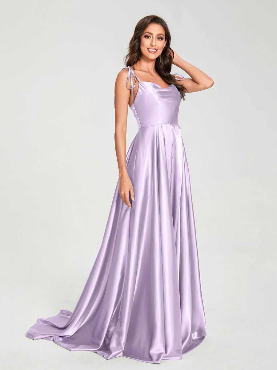 Lilac satin halter A-line formal dress, floor-length