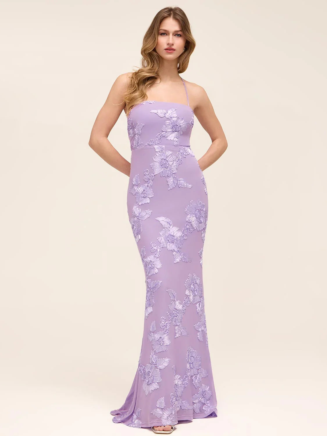 Lilac floral lace mermaid evening dress with strapless sweetheart bodice