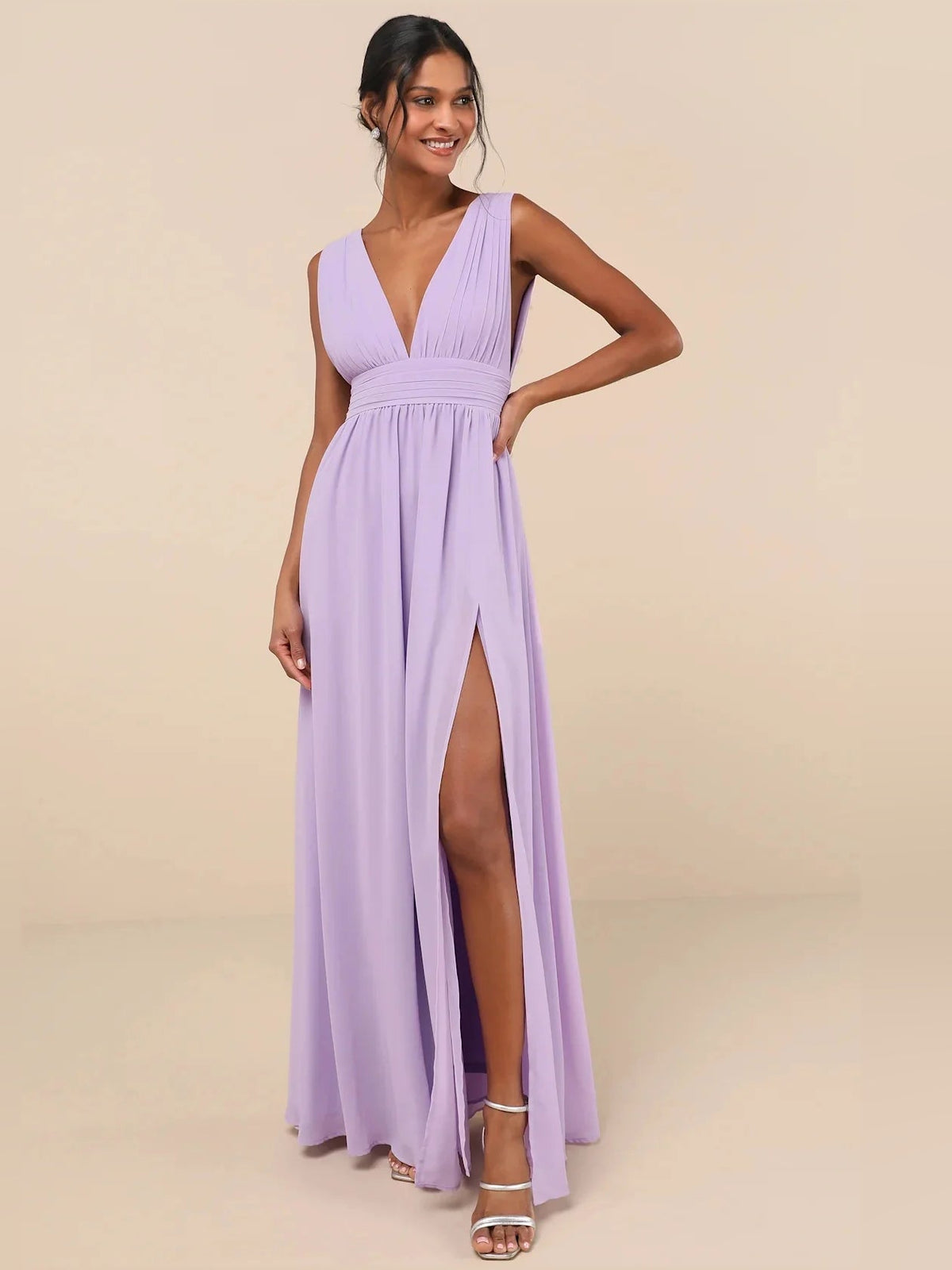 Lilac satin V-neck A-line maxi dress with ruched waist and front slit