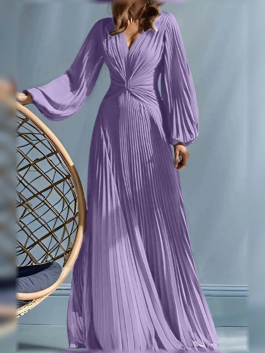 Lilac V-neck ruched waist A-line pleated floor-length dress with long puff sleeves