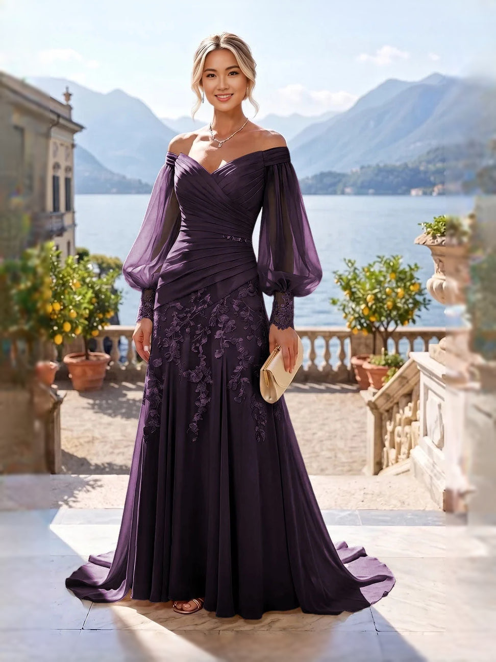 Eggplant purple ruched off-shoulder mermaid gown with floral lace and sheer sleeves