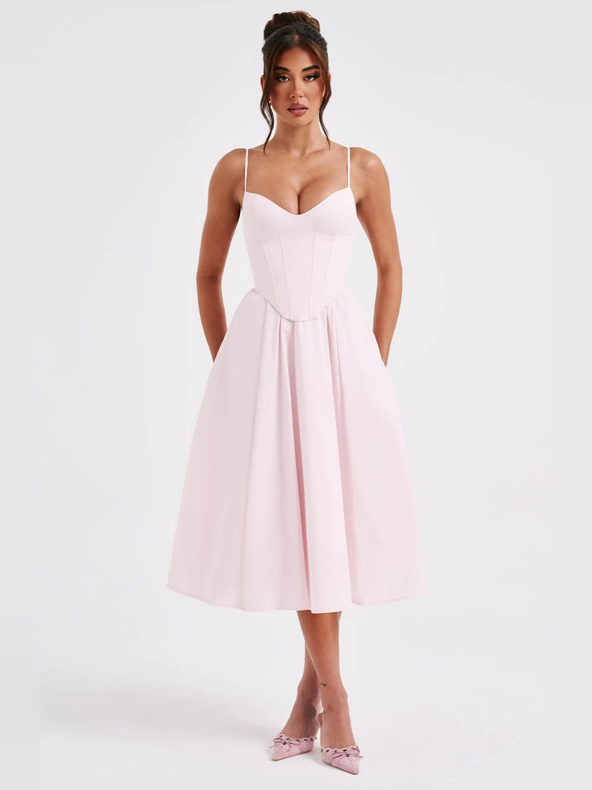 Blush midi formal dress with V-neck, spaghetti straps, fitted waist, pleated skirt, sleeveless sundress style