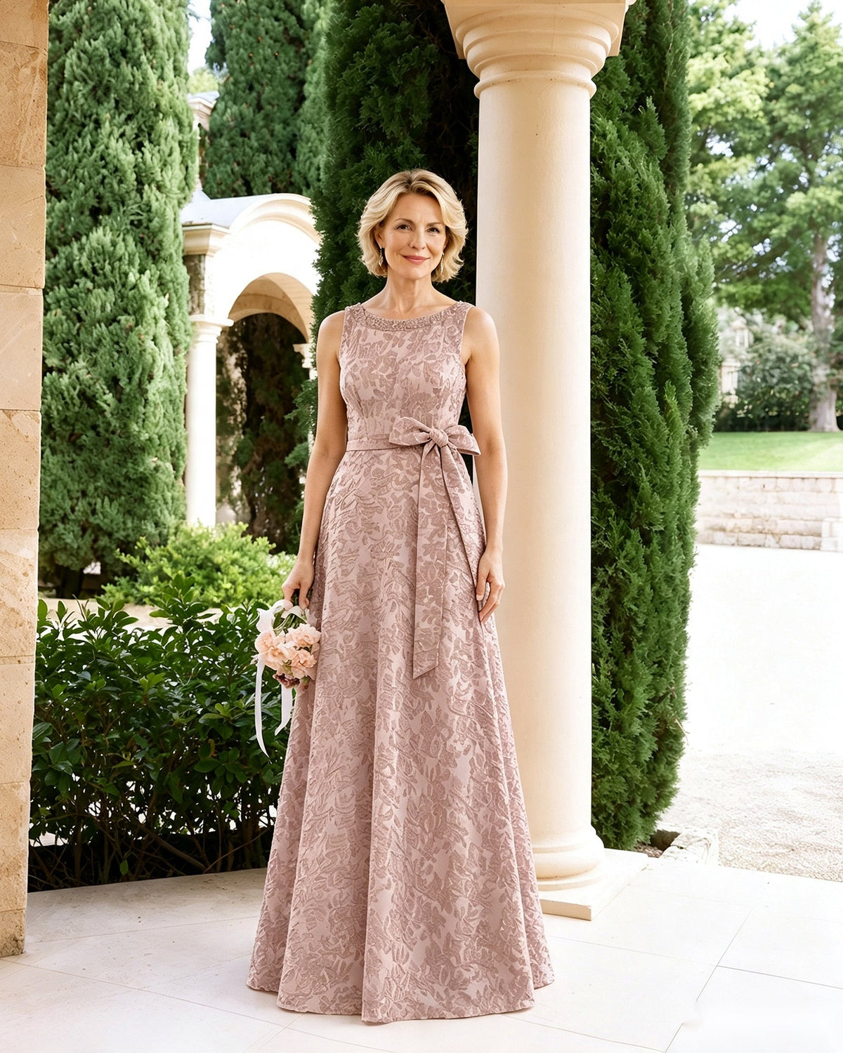 Dusty rose sleeveless lace A-line dress with tied sash bow at waist