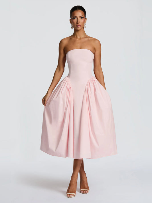 Blush strapless sweetheart midi formal dress with gathered pleats and pleated skirt
