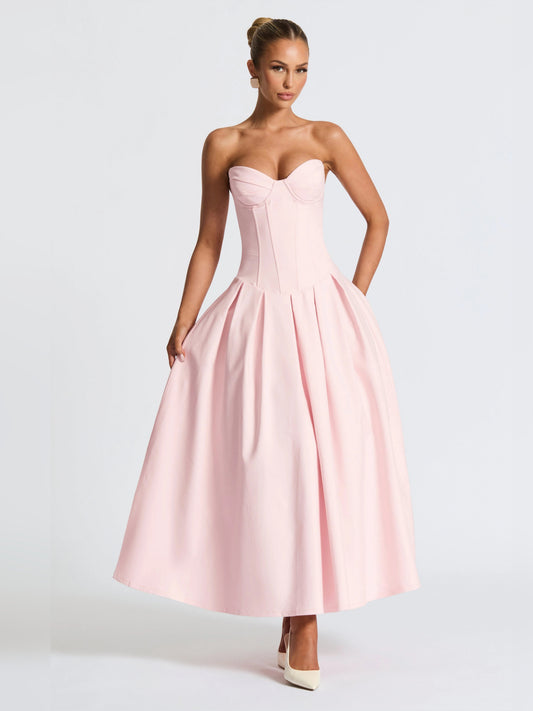 Blush pink strapless midi formal dress with corset bodice and pleated full skirt