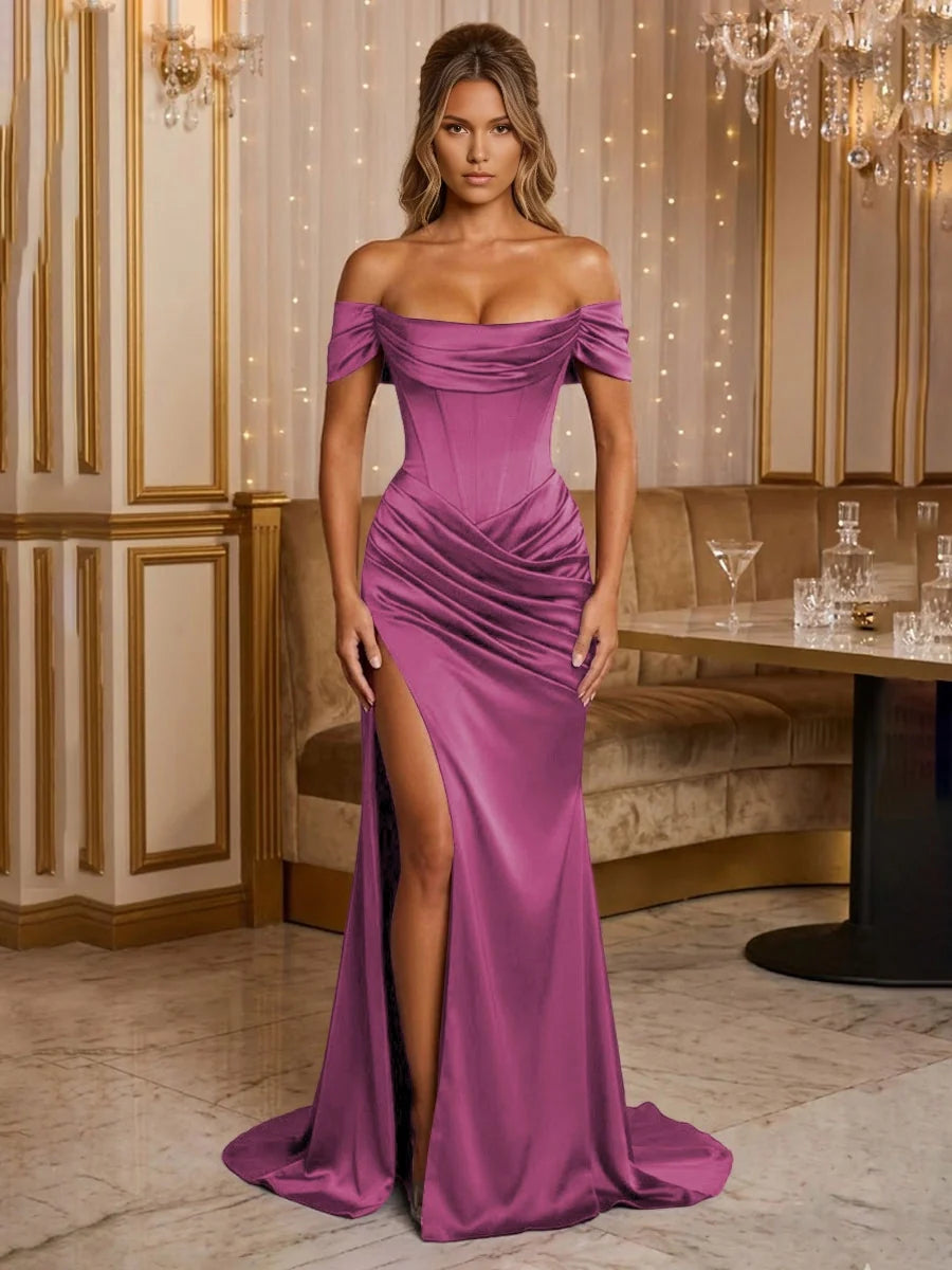 Off-shoulder corset maxi formal dress in plum, draped corset bodice and front thigh slit.