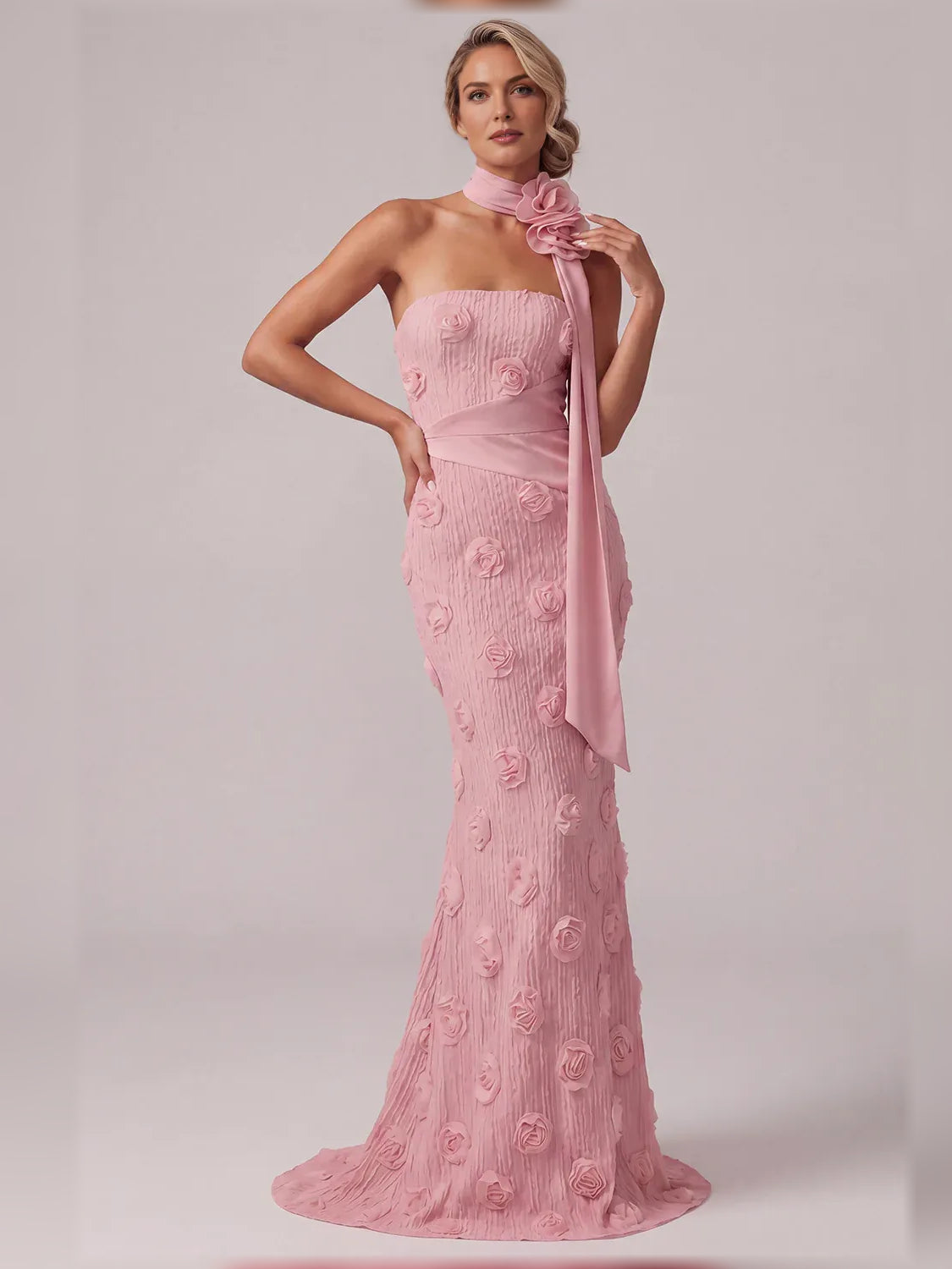 Light pink strapless mermaid floor-length gown with raised rose appliques and draped sash