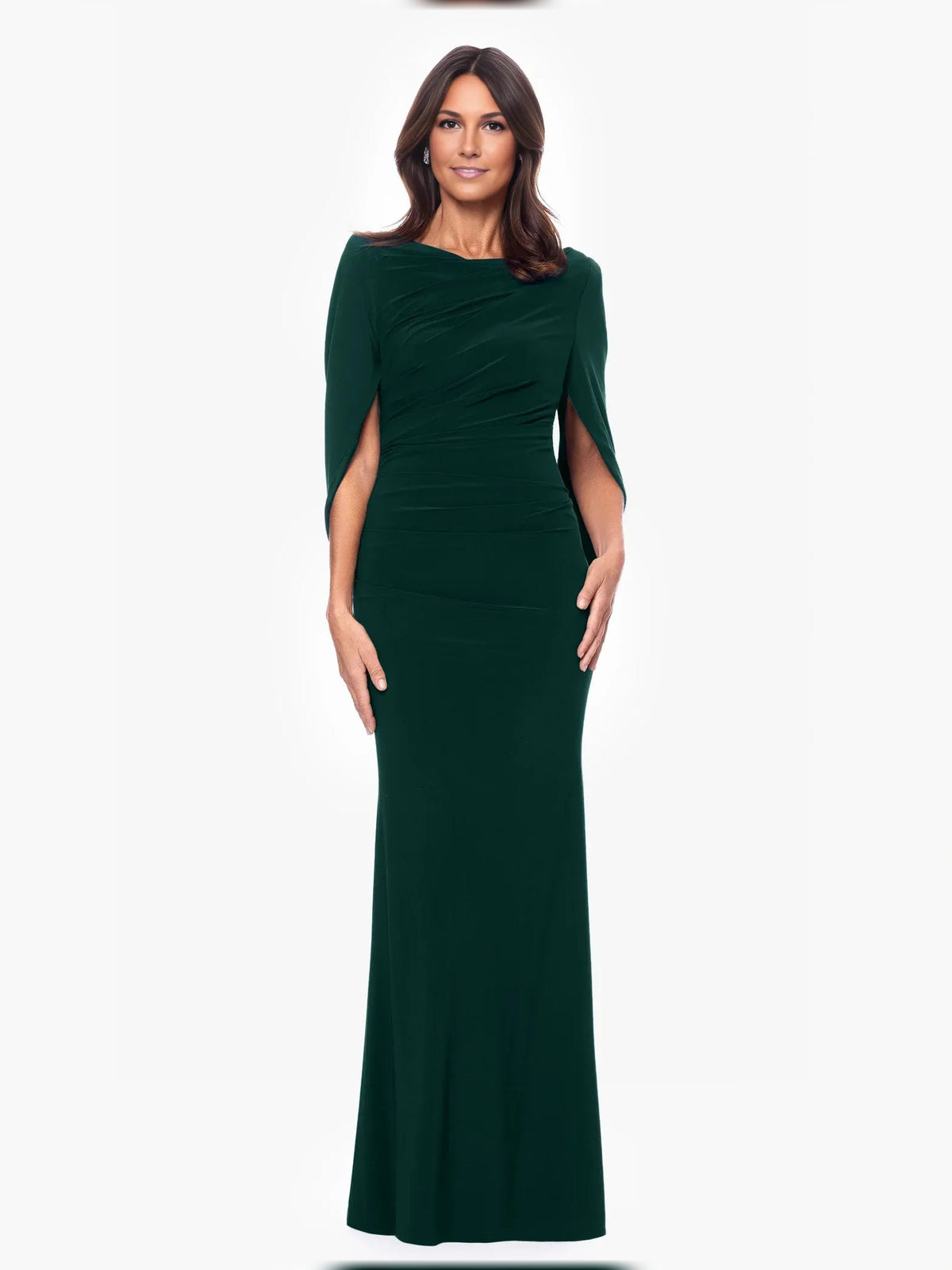 Dark green draped off-shoulder mermaid evening dress, short draped sleeves, floor-length