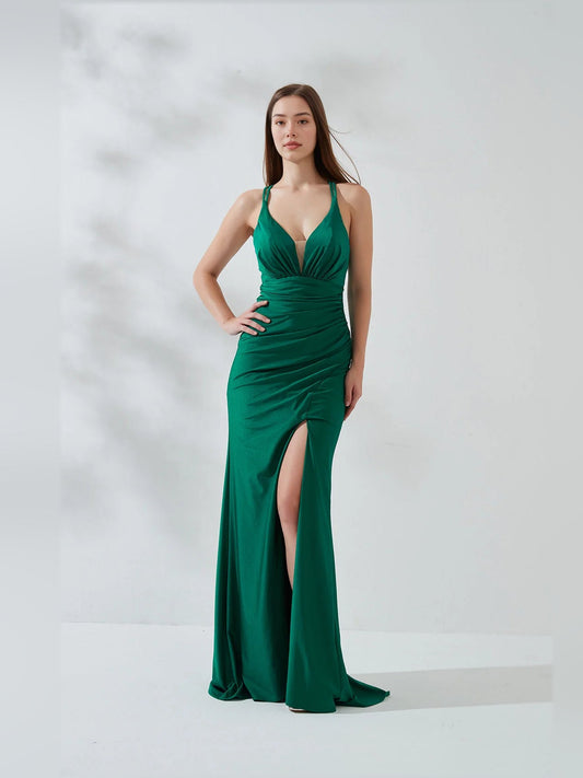 Dark green deep V-neck double-strap mermaid gown with ruched waist and front slit
