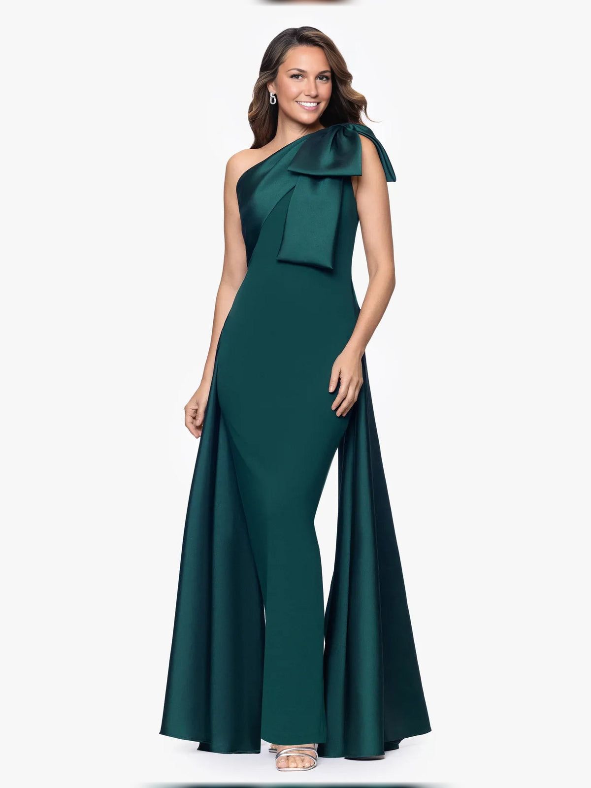 Dark green one-shoulder crepe sheath gown with shoulder bow and side slit, long