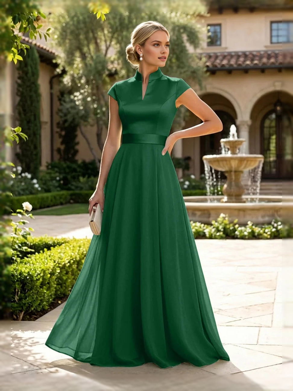 Dark green satin A-line dress with sleeveless high neck and floor length