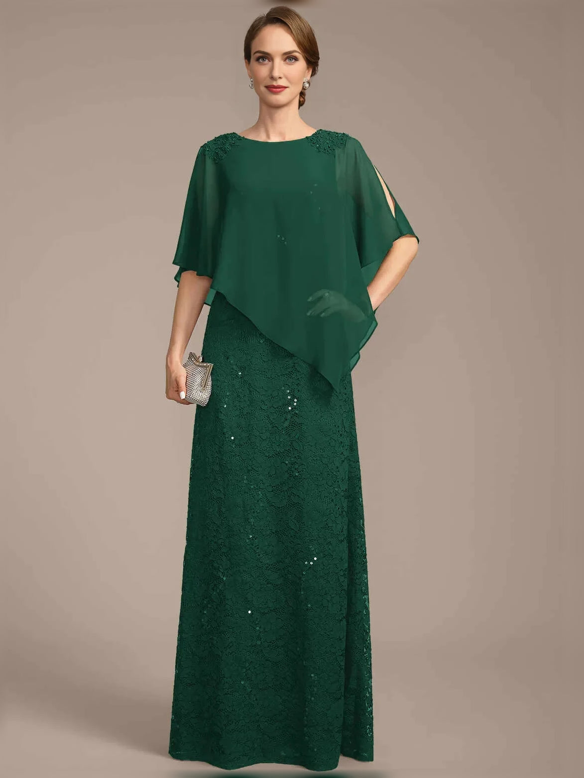 Dark green sequin sheath dress with chiffon cape overlay, bateau neckline, floor-length