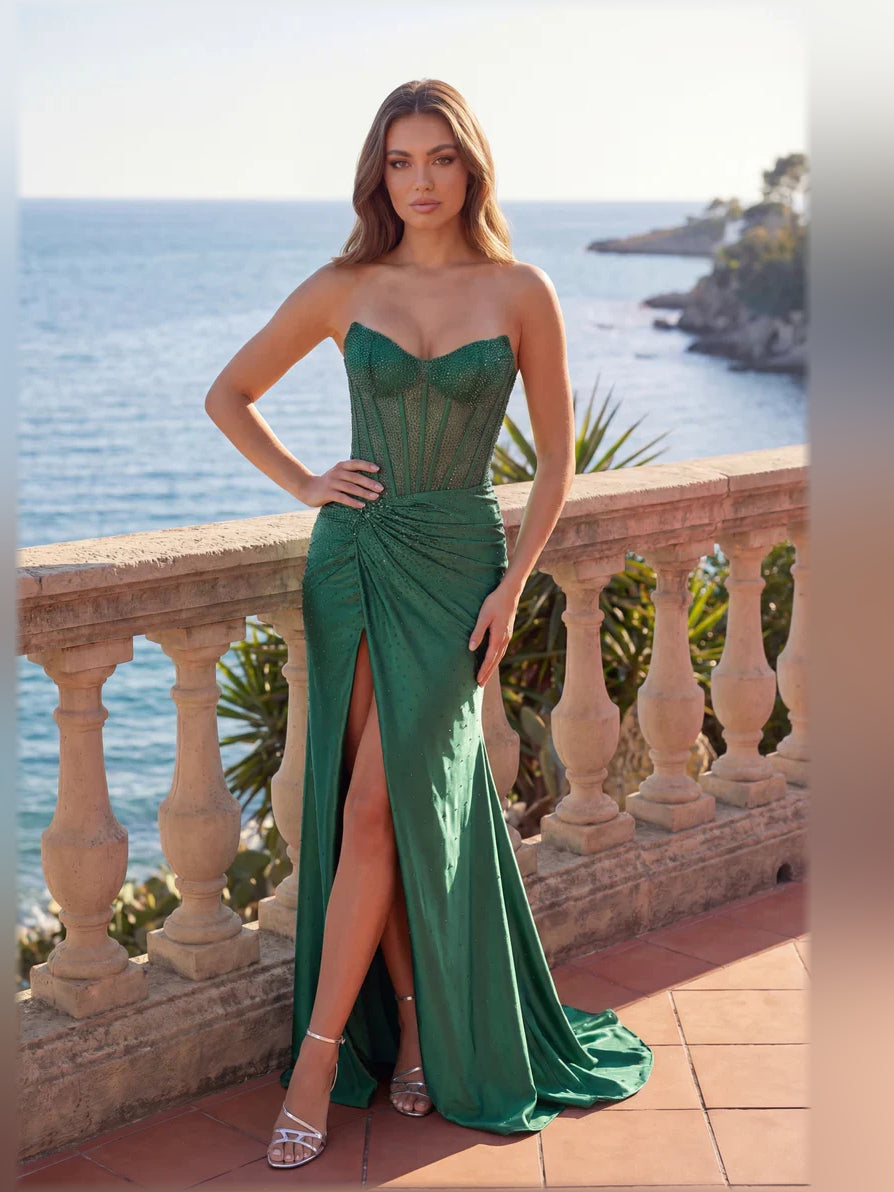 Dark green off-shoulder corset formal dress with front slit, floor-length.