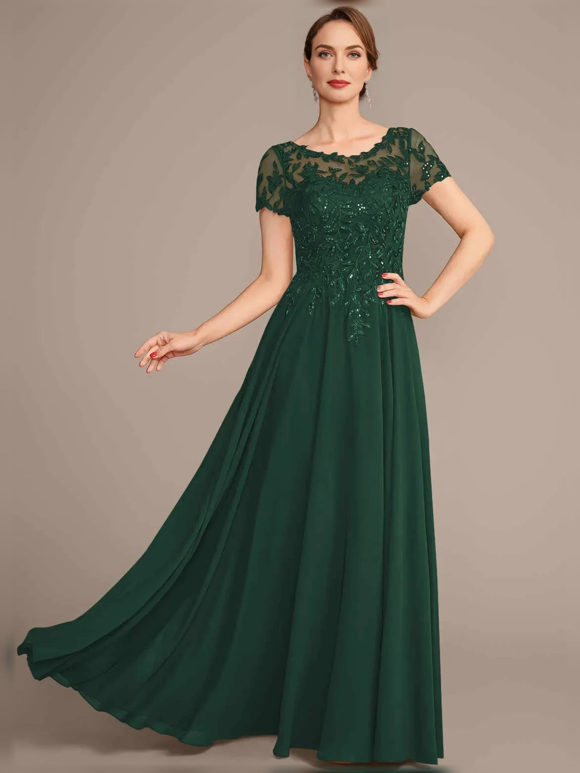 Forest green chiffon A-line mother of the bride dress with lace illusion yoke and short sleeves