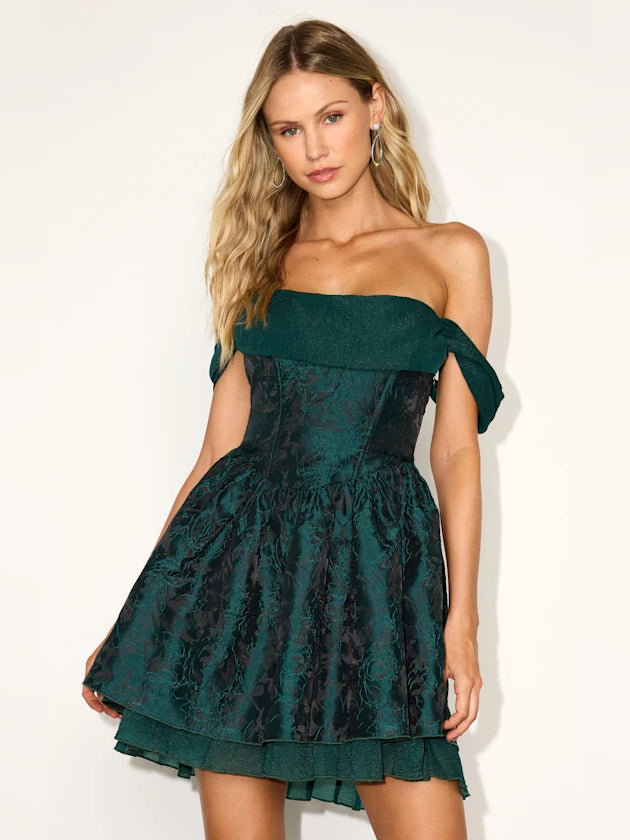 Dark green off-shoulder mini homecoming dress, front view