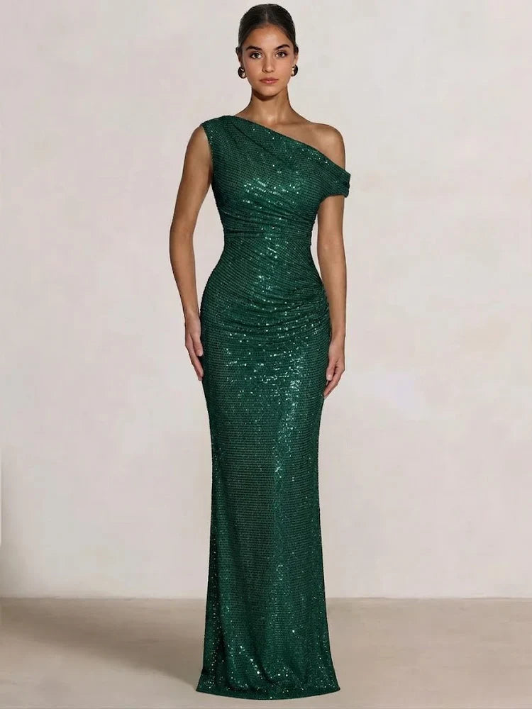 One-shoulder ruched mermaid formal dress, dark green sequin floor-length gown