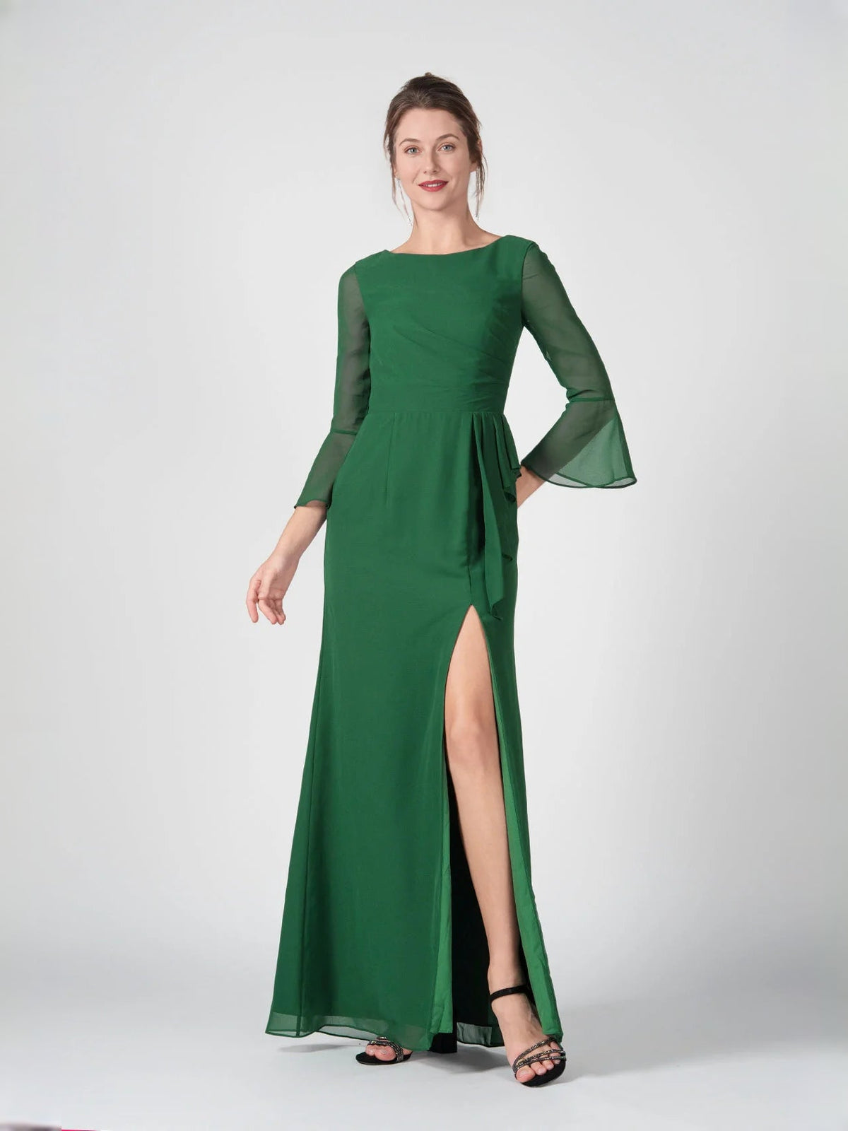 Front view: dark green chiffon bridesmaid dress, ruched waist, side-slit, boat neck
