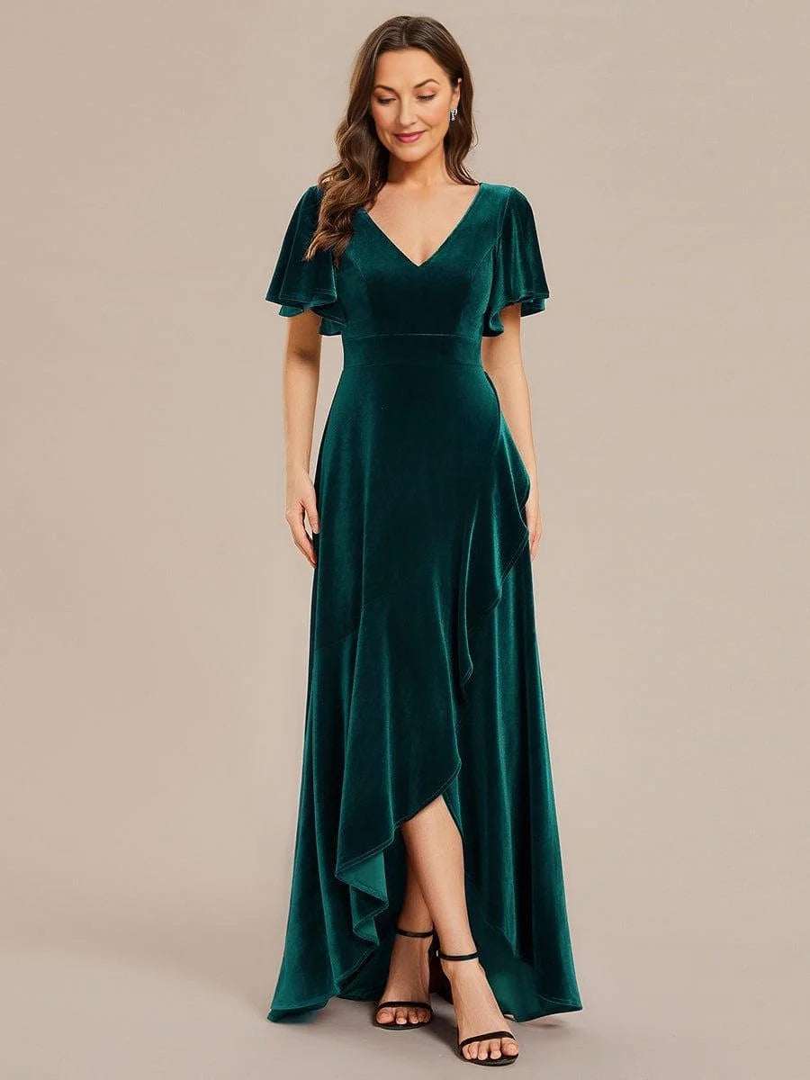 Dark green velvet V-neck A-line maxi dress with front slit and short ruffled sleeves
