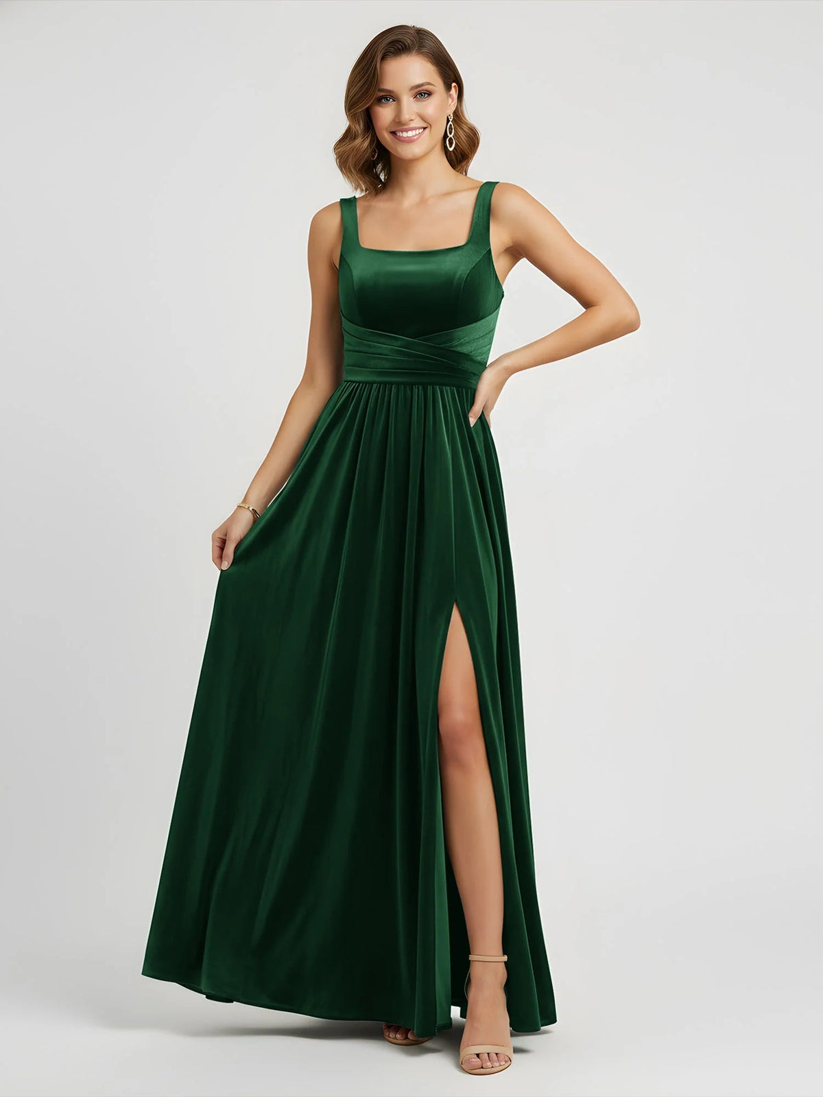 Square-neck ruching formal dress in dark green with side slit