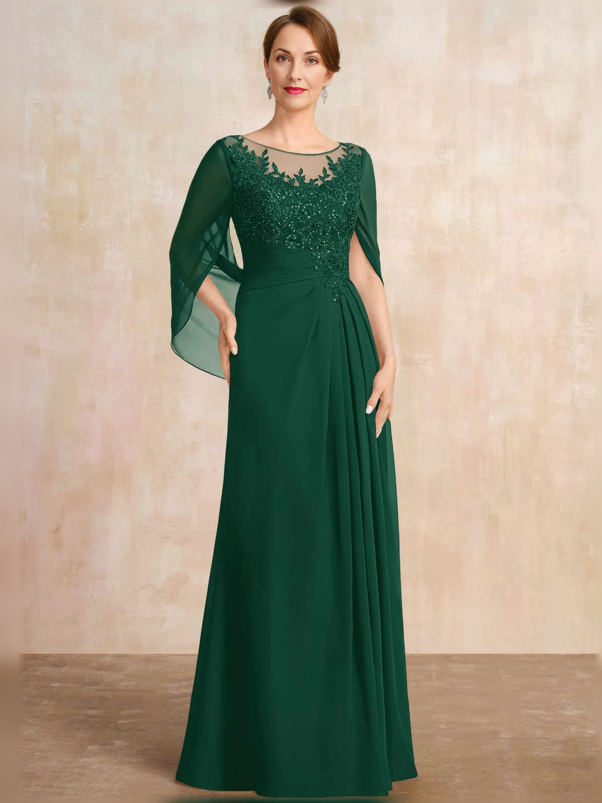 Dark green chiffon A-line mother-of-the-bride dress with lace illusion neckline and draped sleeves
