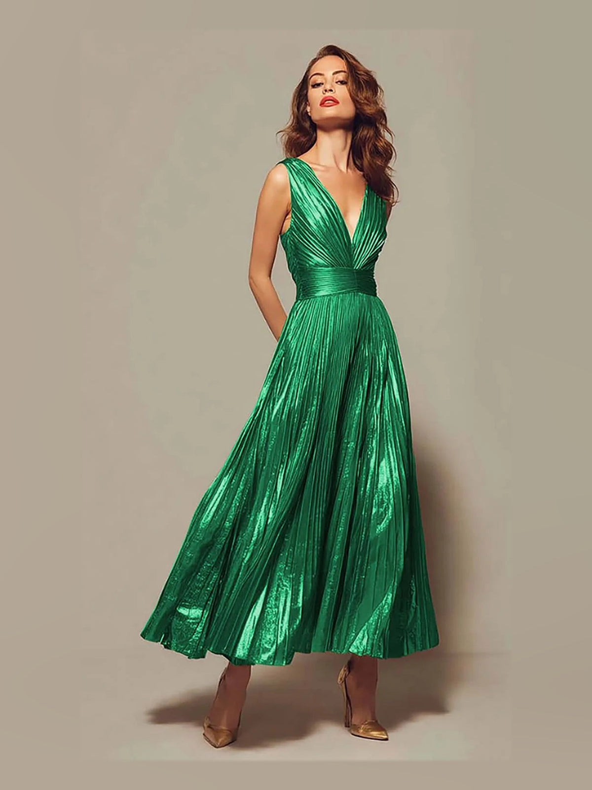 Green metallic pleated V-neck A-line prom dress with draped sleeveless bodice