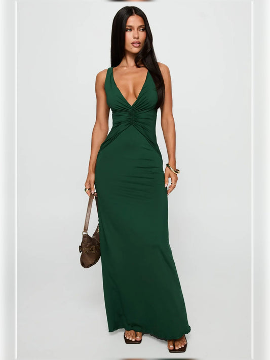 Forest green V-neck ruched formal maxi dress with gathered bodice