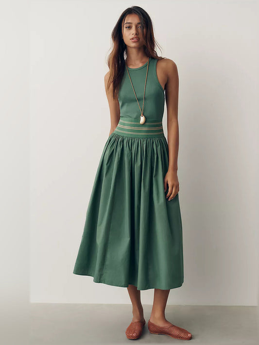 Green sleeveless midi dress with banded bodice and full gathered skirt, front view