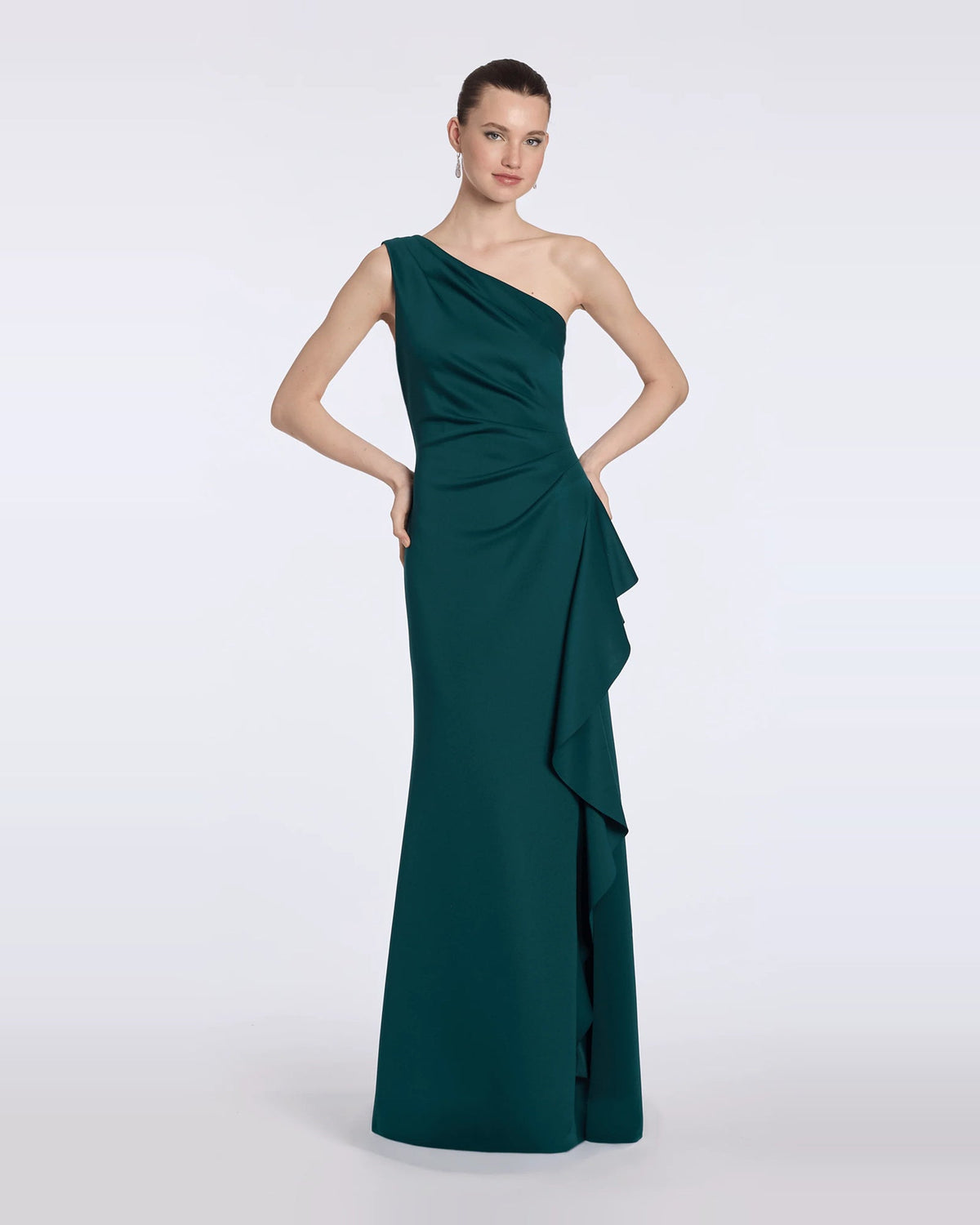 Teal one-shoulder trumpet maxi dress with ruched draped bodice and cascading ruffle