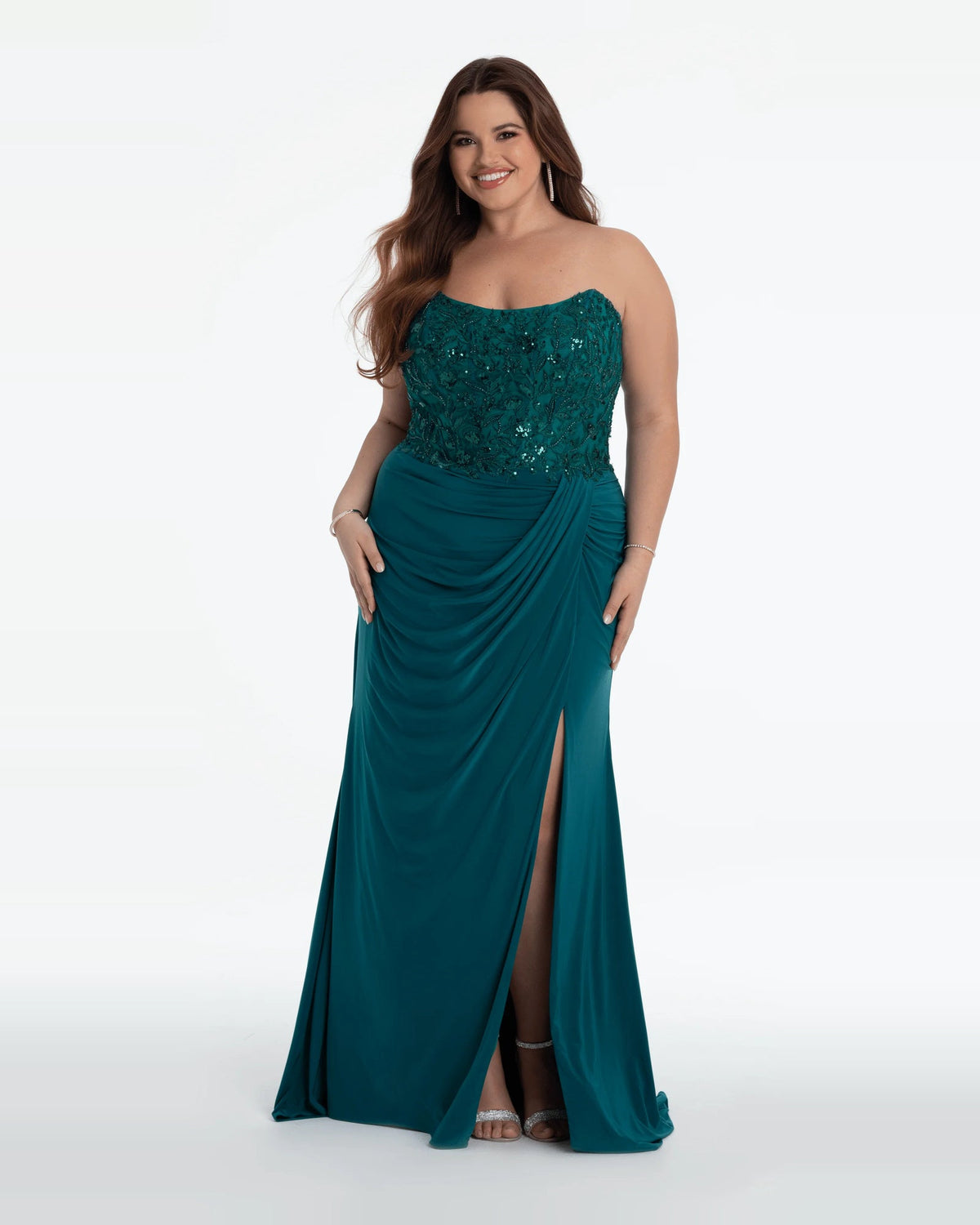 Green strapless corset maxi prom dress with front slit and draped column silhouette