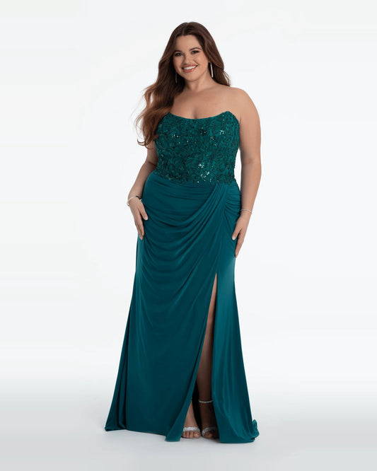 Green strapless corset maxi prom dress with front slit and draped column silhouette