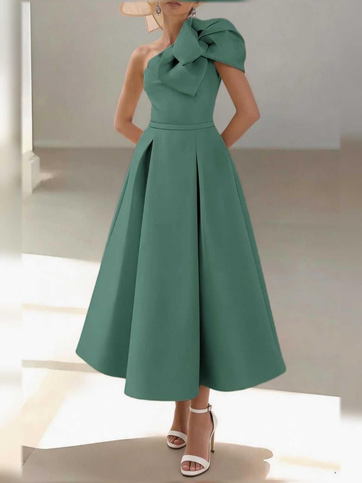 One-shoulder satin midi dress with pleated drape bodice and A-line skirt in teal green