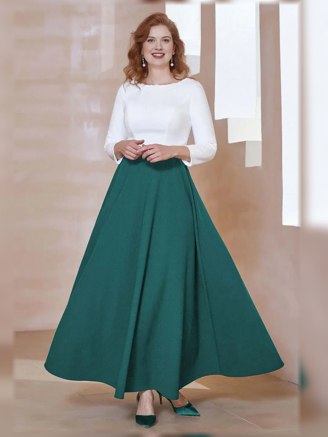 Peacock teal A-line floor-length crepe dress with boat neckline and long sleeves