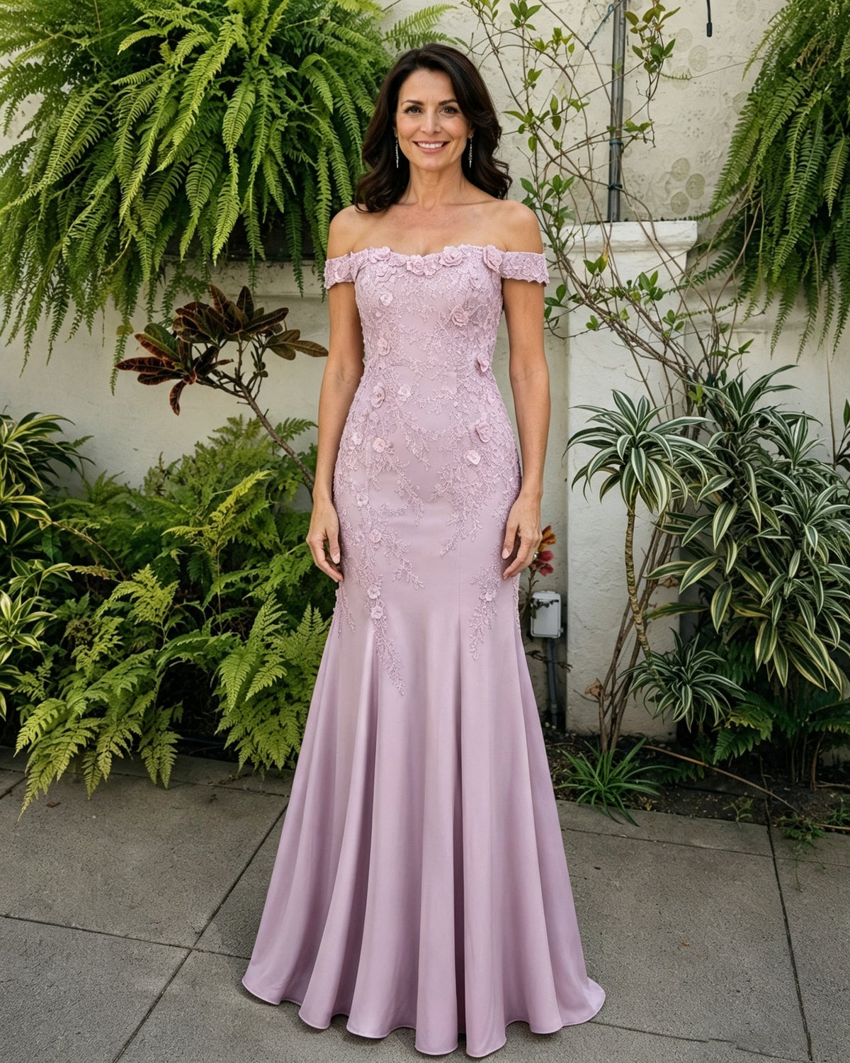 Dusty mauve off-shoulder lace mermaid mother-of-the-bride dress with scalloped neckline