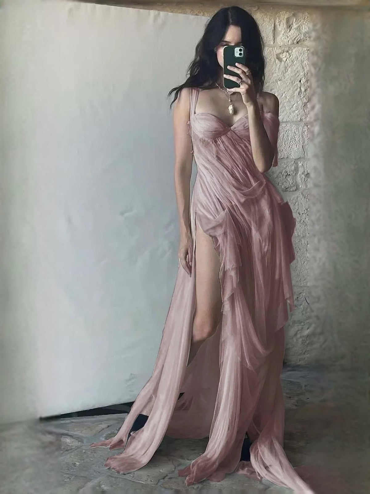 Dusty rose sweetheart draped maxi prom dress with layered detail and high slit