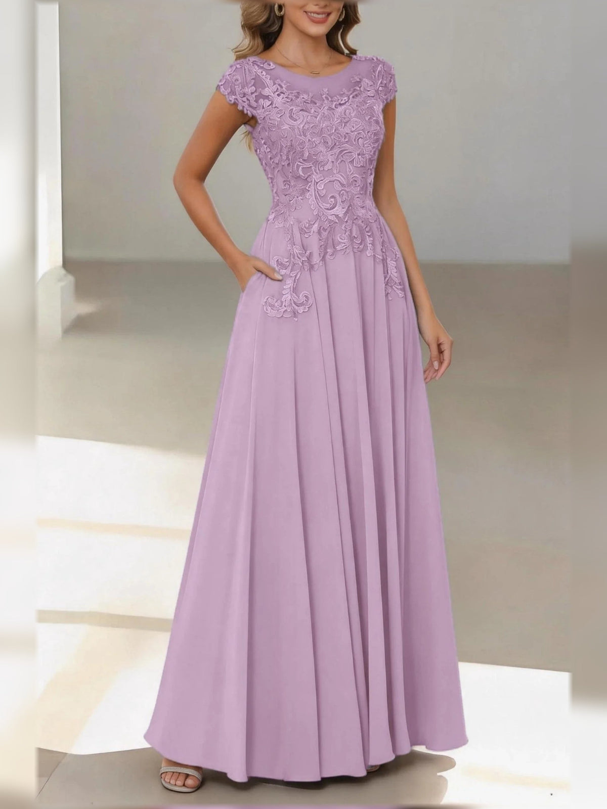Lilac satin floral A-line dress with bateau neck, cap sleeves, draped waist bow