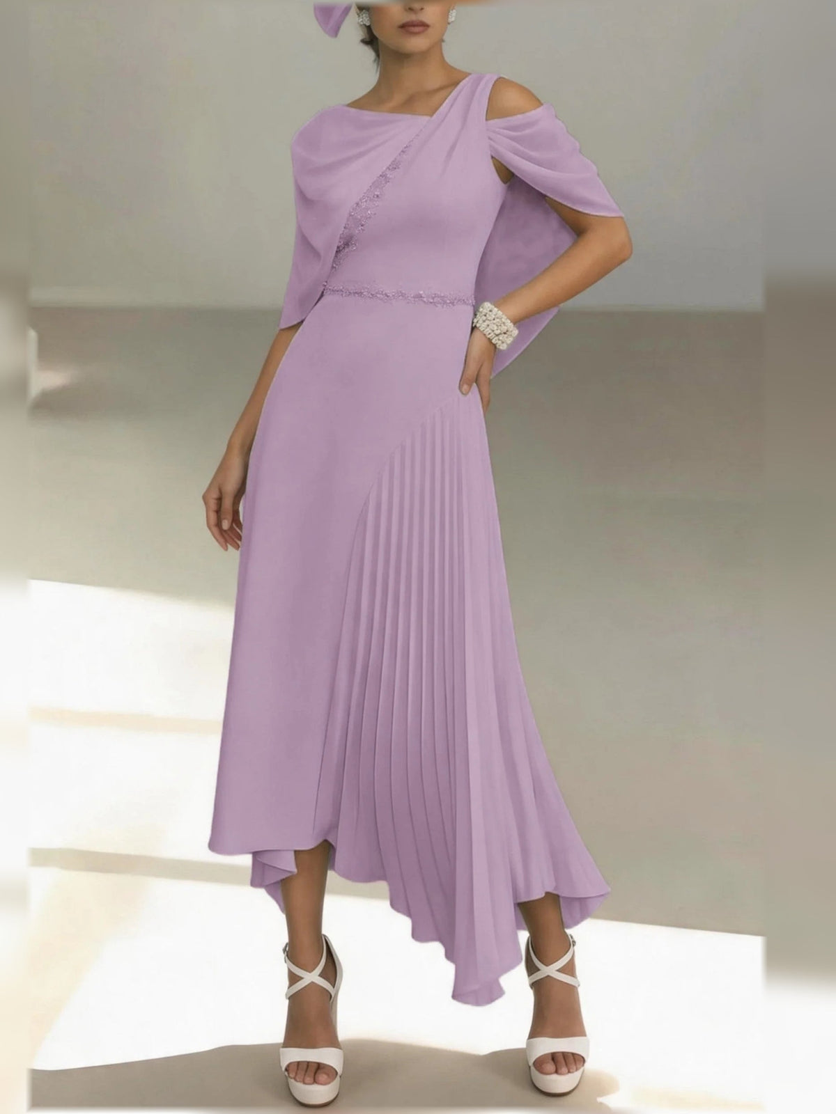 Mauve one-shoulder pleated midi chiffon dress with draped shoulder