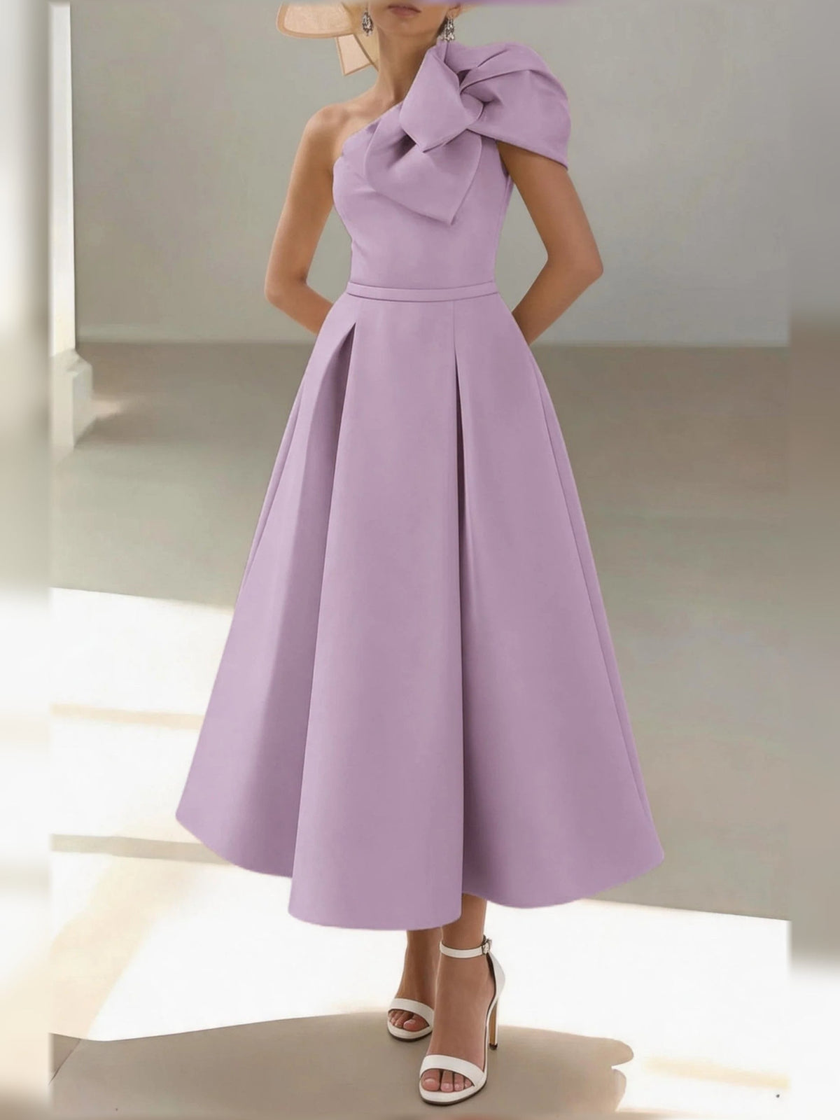 One-shoulder satin midi dress with pleated drape bodice and A-line skirt in lilac