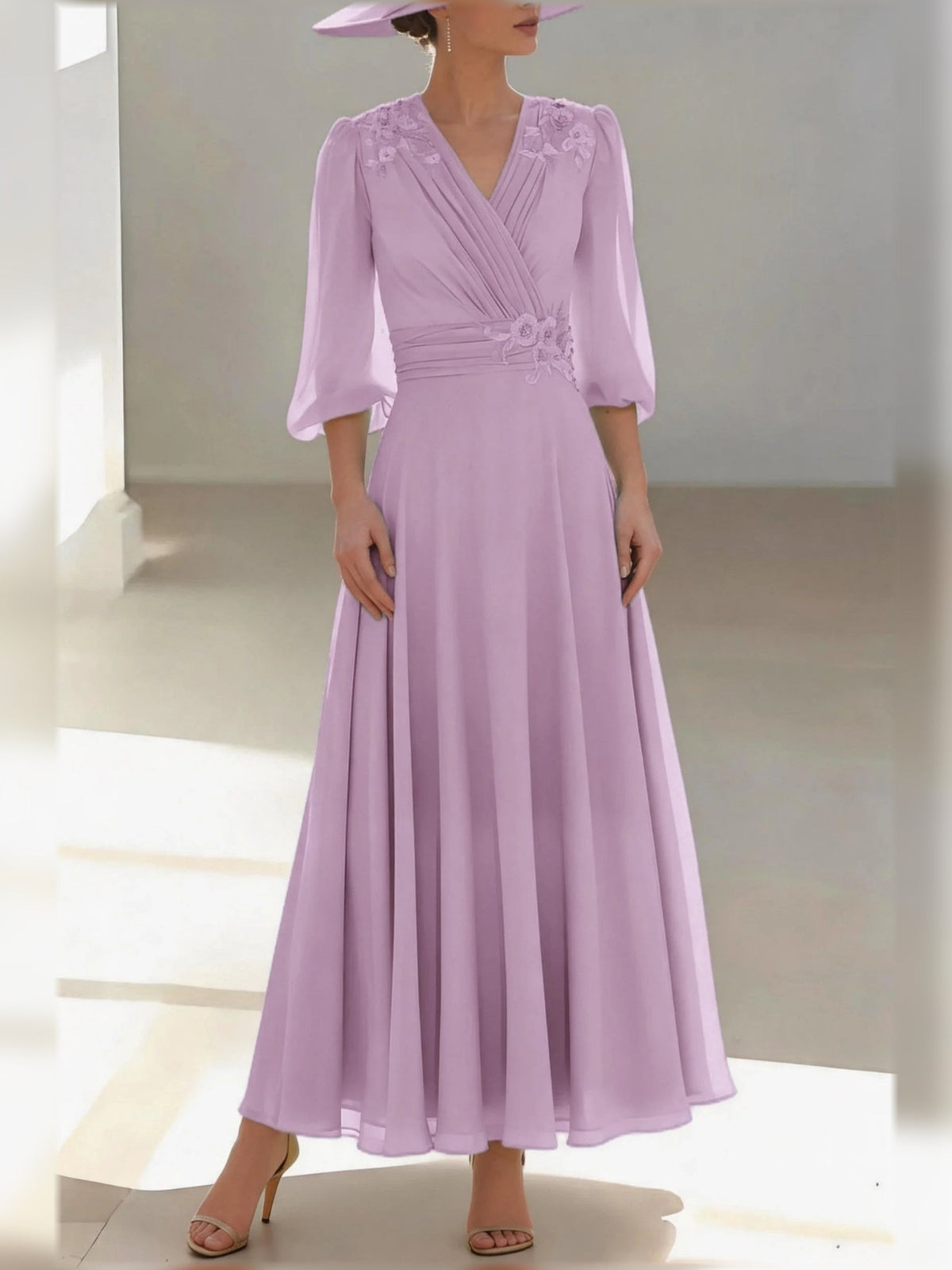 Mauve chiffon V-neck A-line floor-length dress with floral applique