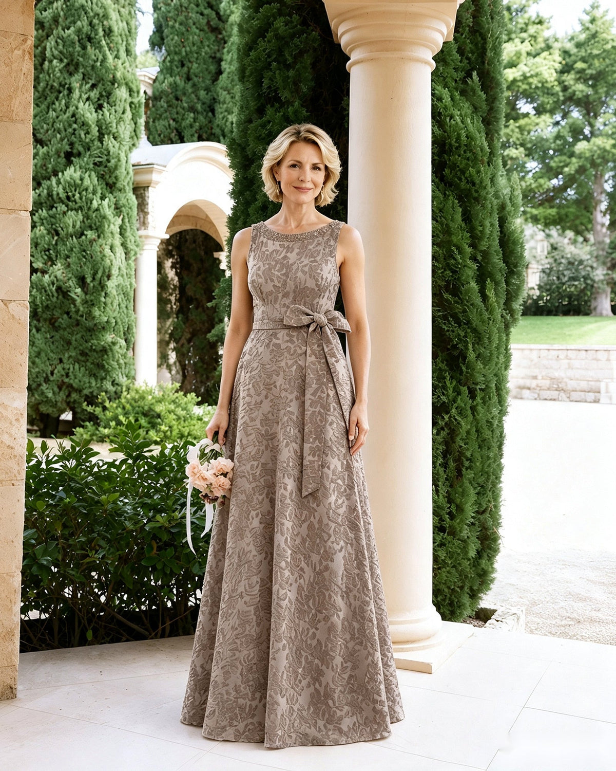 Sleeveless lace A-line mother-of-the-bride dress with tie sash bow, taupe brown.