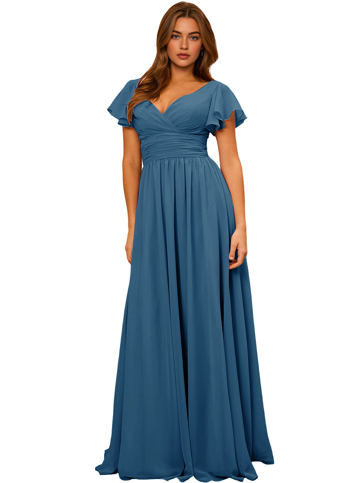 Blue chiffon bridesmaid dress with V-neck, flutter sleeves, empire waist, long maxi skirt.