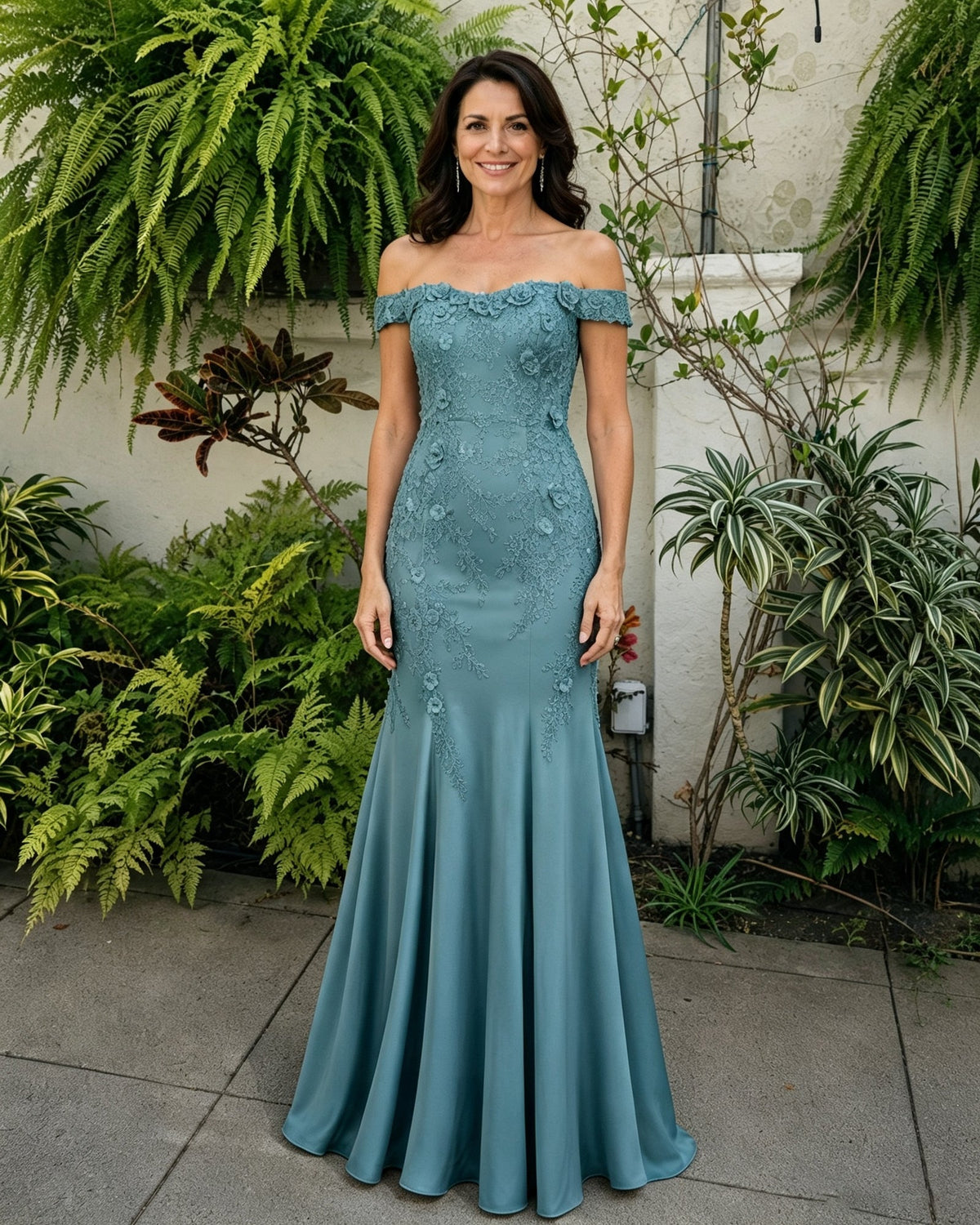 Teal off-shoulder lace mermaid mother-of-the-bride dress with scalloped neckline