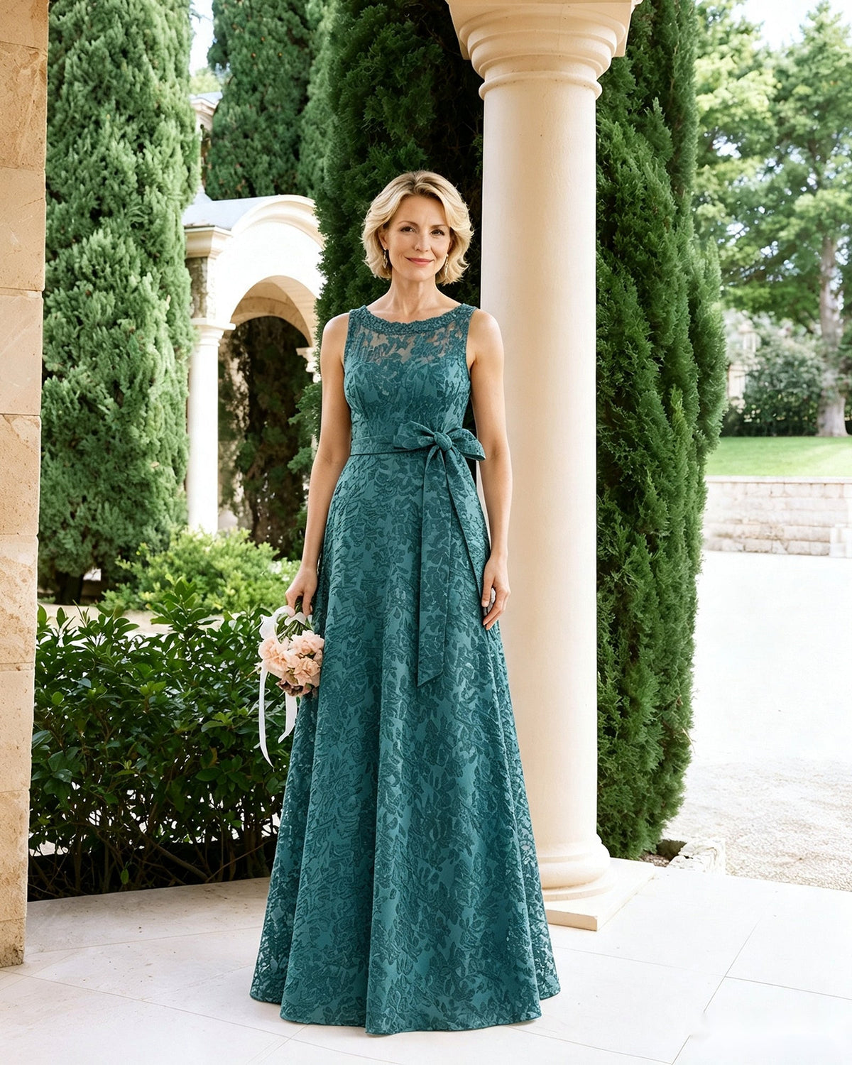 Sleeveless lace A-line mother-of-the-bride dress with tie sash bow, teal green.