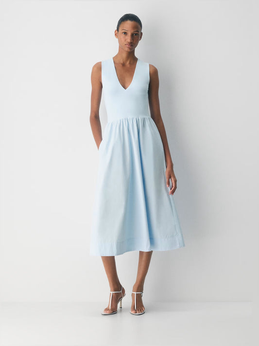 Teal cotton poplin midi dress, sleeveless V-neck and gathered skirt