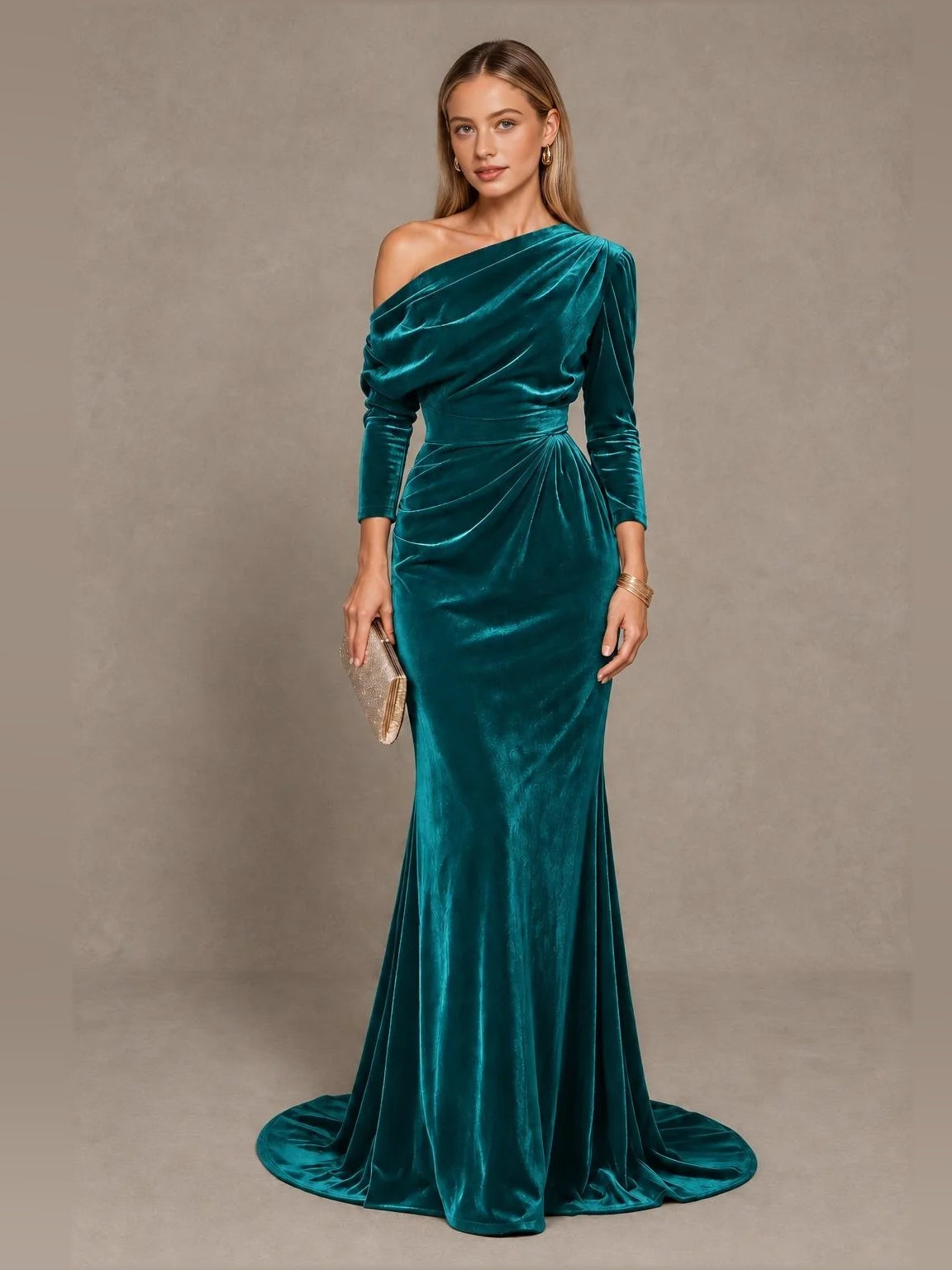 Teal velvet one-shoulder mermaid gown with draped bodice and long sleeves