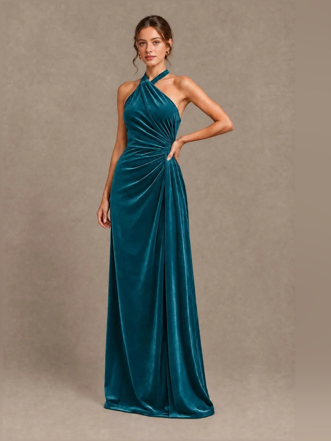 Velvet teal ruched draped V-neck sheath gown, sleeveless halter, floor length