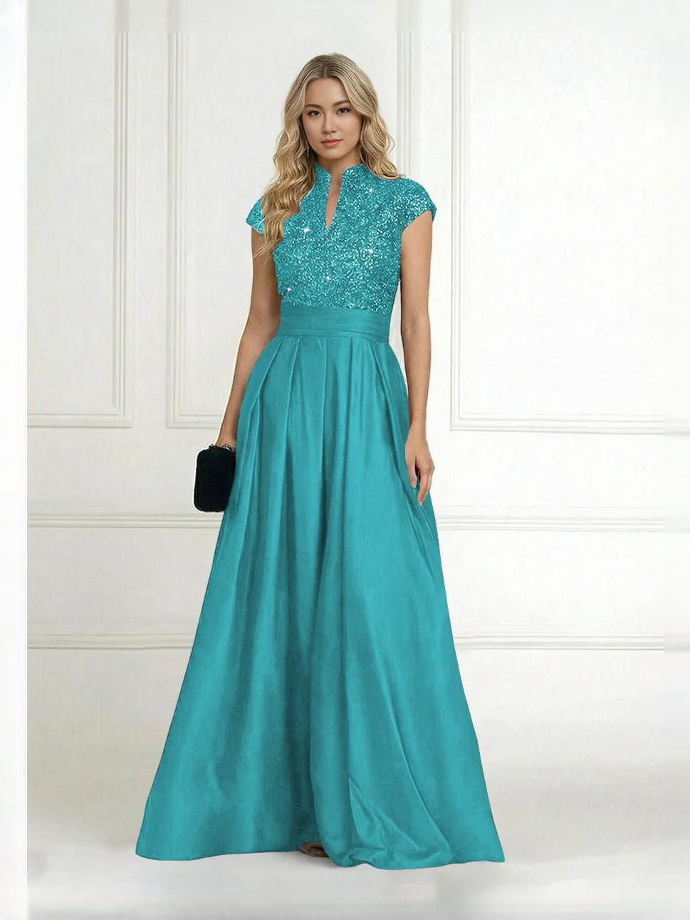 Teal high-neck A-line sequin satin dress with pleated skirt and cap sleeves