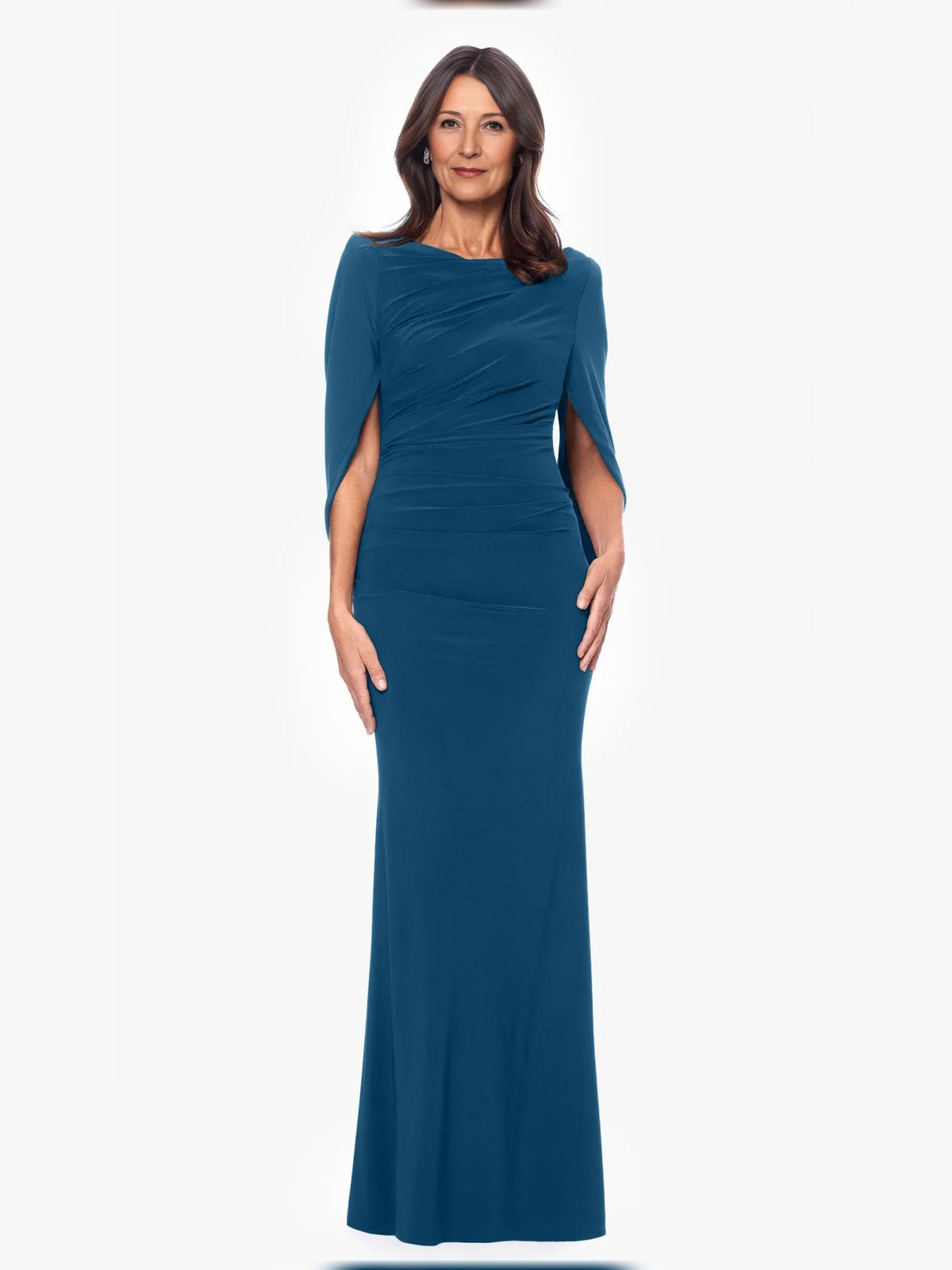 Teal off-shoulder mermaid evening dress with draped neckline, long skirt